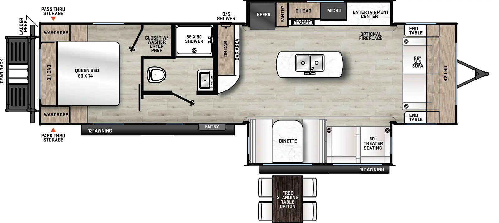 The 283FEDS has two slideouts and one entry. Exterior features outside shower, rear pass-thru storage, 12 foot awning and 10 foot awning, rear gear rack, and ladder prep. Interior layout front to back: SLS sofa with overhead cabinet and end tables on each side; off-door side slideout with entertainment center with optional fireplace, microwave, kitchen counter with cooktop, overhead cabinet, pantry, and refrigerator; kitchen island with sink; door side slideout with theater seating and dinette (optional free-standing dinette); bar area with overhead cabinet along inner wall; off-door side full bathroom; entry; rear bedroom with off-door side closet with washer/dryer prep, and front-facing queen bed with overhead cabinet and wardrobes on each side.